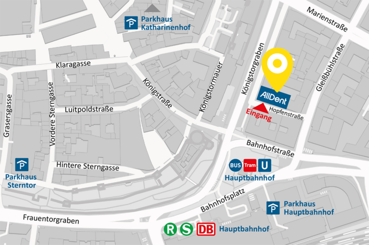 Anfahrtsskizze AllDent Zahnzentrum Nürnberg am Königstorgraben